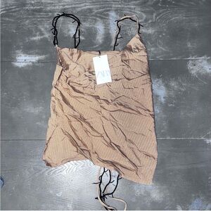 Zara Brown Tank Top Open Back Beaded Black Tan NWT Womens XS Extra Small